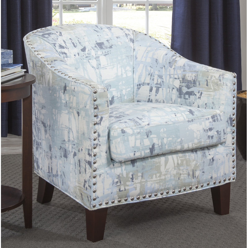 Giles Upholstered Barrell Chair with Silver Nail Trim, Mysterious Slate Blue and Gray Polyester Blend