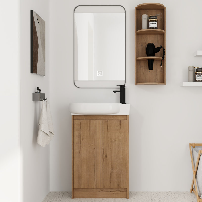 Meuble-lavabo simple autoportant de 23 po avec plateau en céramique et support de rangement flottant, Beige