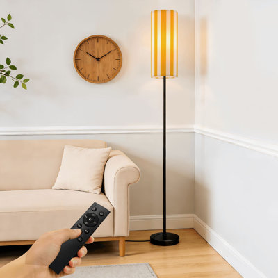 Lampe sur pied à rayures verticales verticales jaunes et minimalistes à intensité variable avec télécommande et interrupteur au pied à pied avec abat-jour