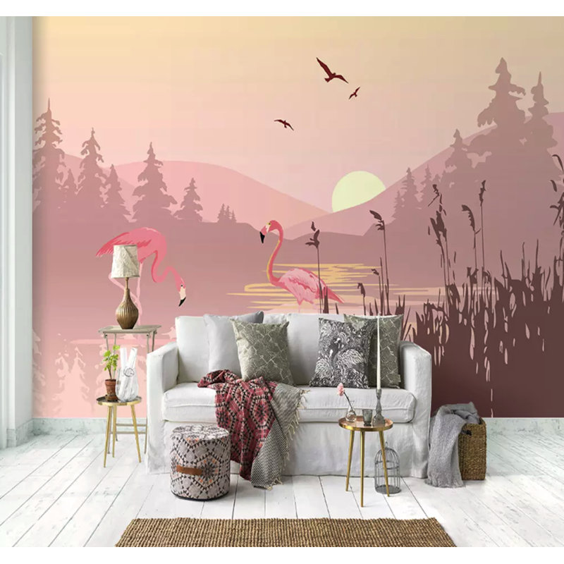 Papier peint texturé amovible flamants roses avec paysage et montagne, l 150 po x L 98 po