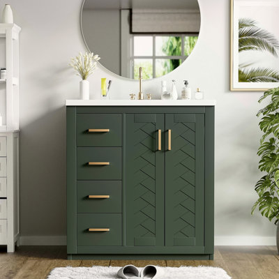 Ensemble de meuble-lavabo 30 po avec lavabo en céramique, armoire de rangement en bois massif, ensemble de meuble-lavabo autoportant avec 3 tiroirs et portes à fermeture douce