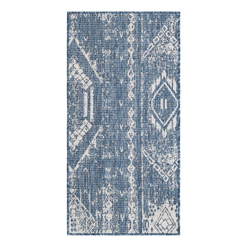Bonnetta Geometric Machine Woven Polypropylene Indoor / Outdoor Area Rug in Blue/Ivory, Runner 2' x 4'