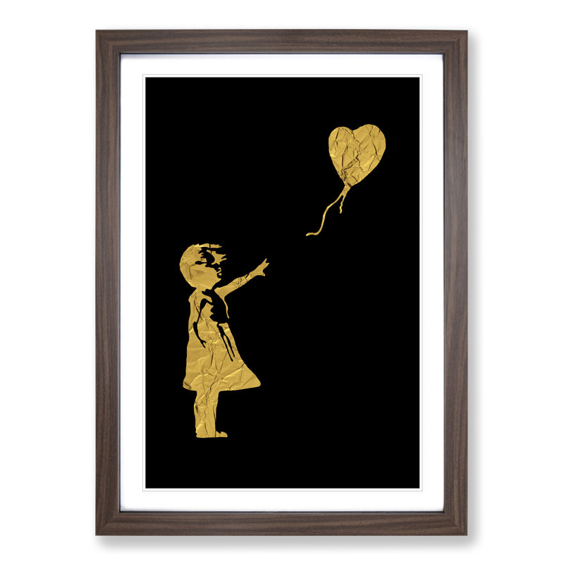 Banksy in Gold Balloon Girl - Picture Frame Graphic Art, 90cm H x 65cm W x 2cm D, Walnut