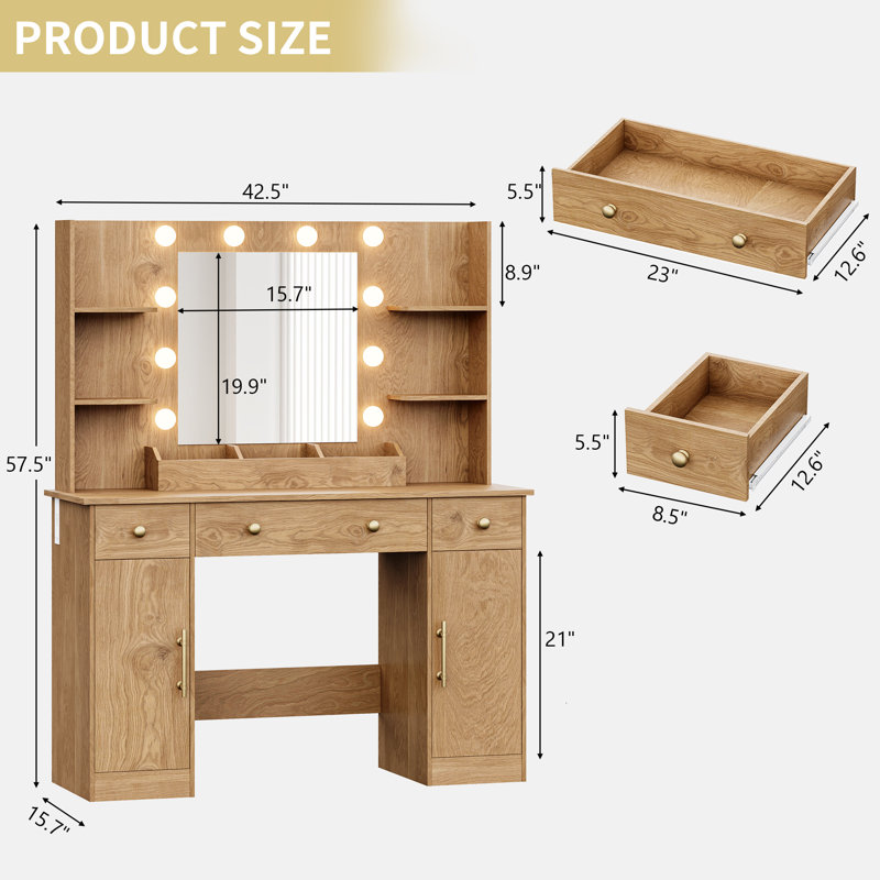 43.7"W Farmhouse Makeup Vanity Desk with Lighted Mirror and Power Outlet, 3 Drawers, Yellow