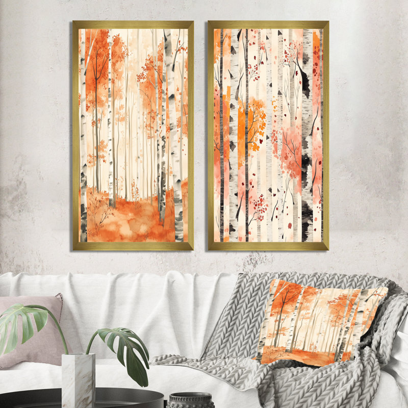 Forêt de bouleaux ambrés I - Ensemble de 2 impressions sur toile représentant un bouleau, 40" H x 40" W, Gold Picture Framed