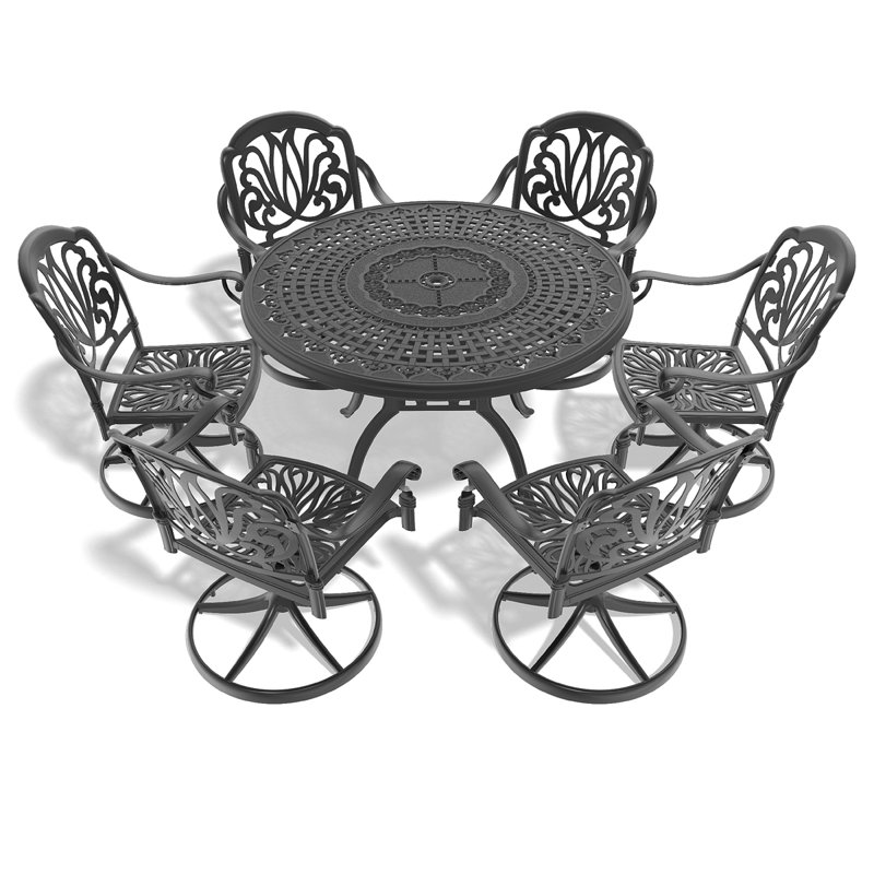 Ensemble de salle à manger 7 pièces en fonte d'aluminium toutes saisons, comprenant 6 chaises pivotantes et une table ronde de 47,24 po avec structure noire