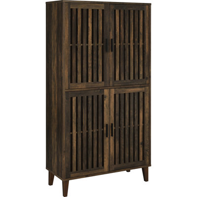 Tall Dark Pine 4 - Door Accent Cabinet, Rustic Beauty, Vertical Slats, Ideal For Modern Living Rooms Cabinet With Finish, Asian Inspired Design, Wood Shelves, Multiple Storage In Spaces