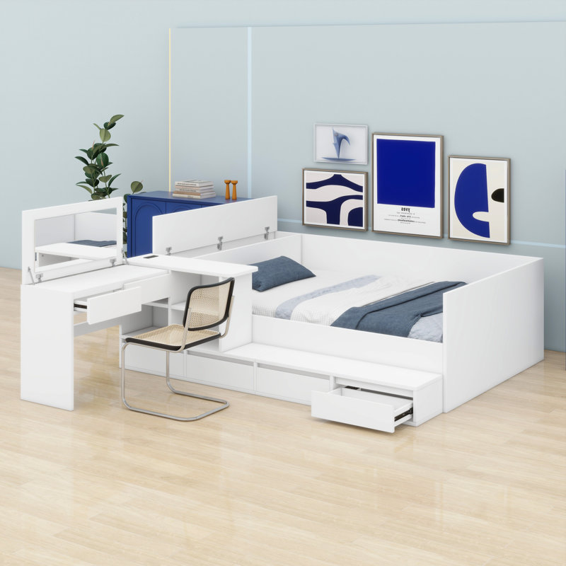 Lit plateforme en bois avec tiroirs, tablettes et coiffeuse, Blanc