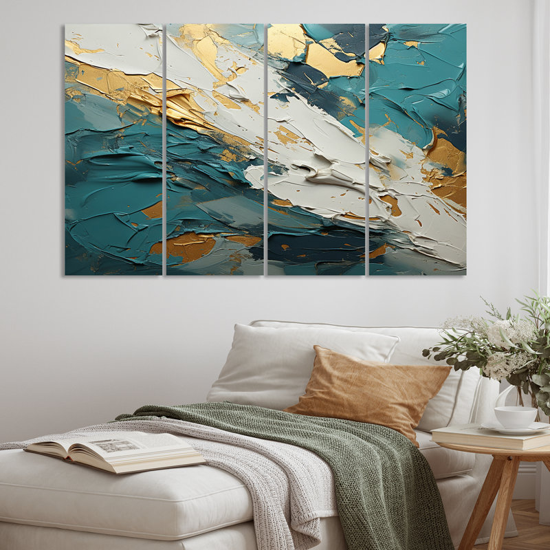 Sérénité coucher de soleil en bleu sarcelle et blanc I sur toile, 4 pièces