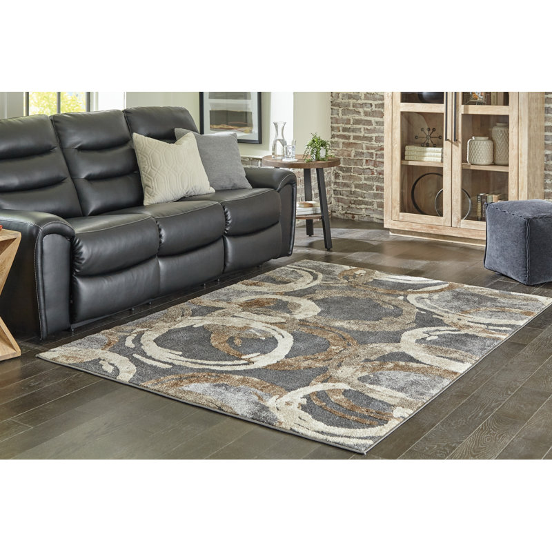 Tapis 5 x 7, motif rond abstrait, velours de 13 mm, moyen, gris, brun, Rectangle 8 pi x 10 pi