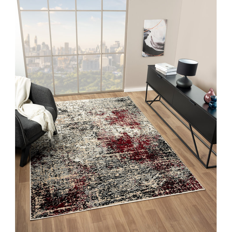 Vladya Black/Red Abstract Area Rug, Rectangle 5'3" x 7'3"