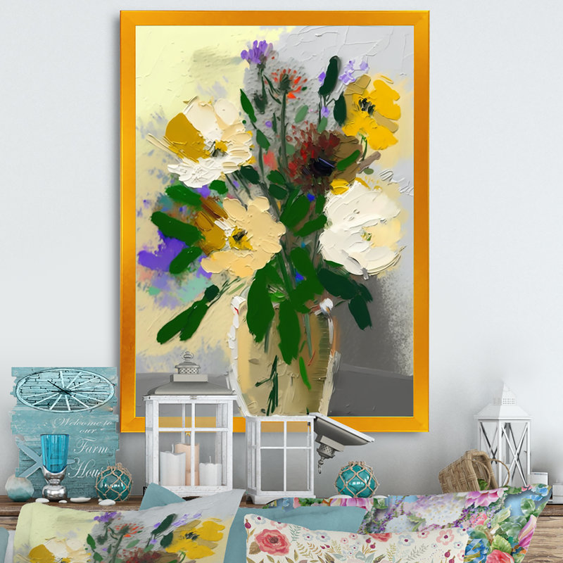 Nature morte avec fleurs blanches II - reproduction sur toile, H 20 po x l 12 po x P 1 po, Encadrement doré