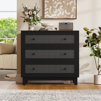 Ashari Rattan 3-Drawer Dresser, Chest of Drawers, Boho MDF Modern Dresser with Wood Handles