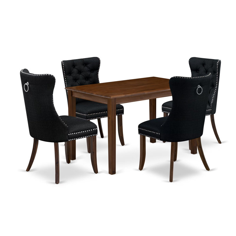 Ensemble de table de salle à manger 5 pièces pour petits espaces comprenant une table de cuisine rectangulaire et 4 chaises rembourrées en tissu de polyester, noyer antique