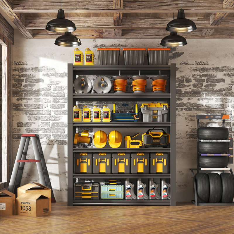 Étagère de rangement robuste à 6 niveaux, support en métal pour le garage et la maison, noir et gris ardoise, support de rangement réglable d'une capacité de 2400 lb