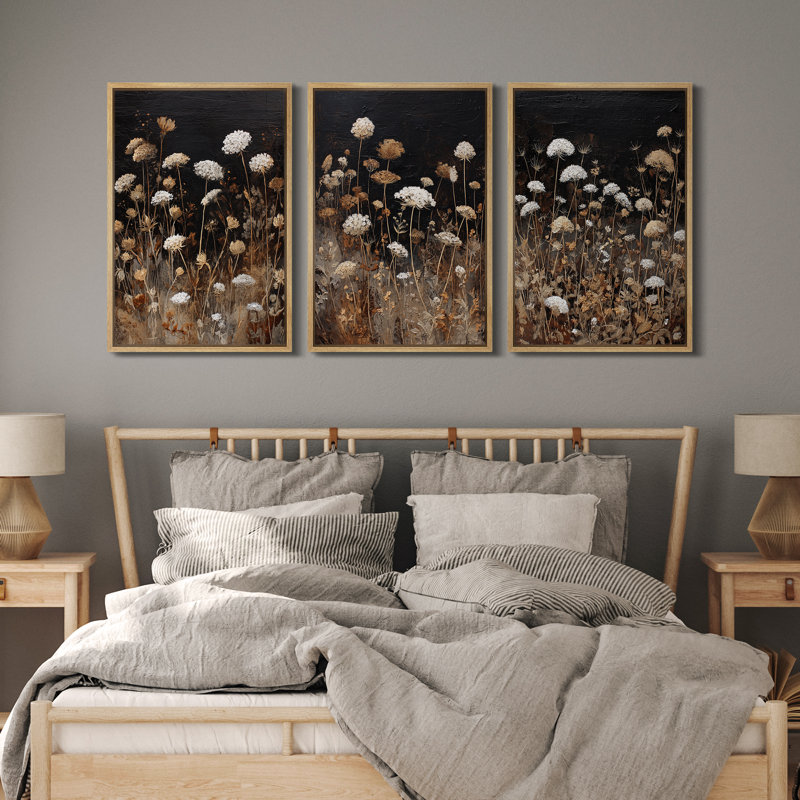 Neutral Botanical Meadow with White and Brown Wild Blooms – Pictures Framed Canvas Print 3 Pieces Wall Art, Natural Frame