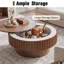 Table basse cylindrique ronde de 31,5 pouces avec rangement dissimulé à couvercle amovible, table de cocktail nervurée en bois massif, table de centre au fini noyer de ferme pour le salon