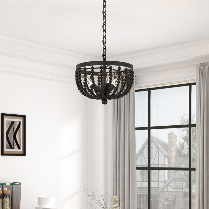 Lustre empire à 3 lumières à intensité variable avec abat-jour en bois Recunz, Noir, noir, noir, noir