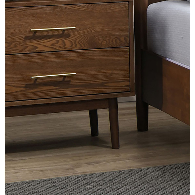 Platform Bed Walnut Colour 3Pc Bedroom Set Full Size Bed 2X Nightstands Wooden Mid-Century Modern Style, Full