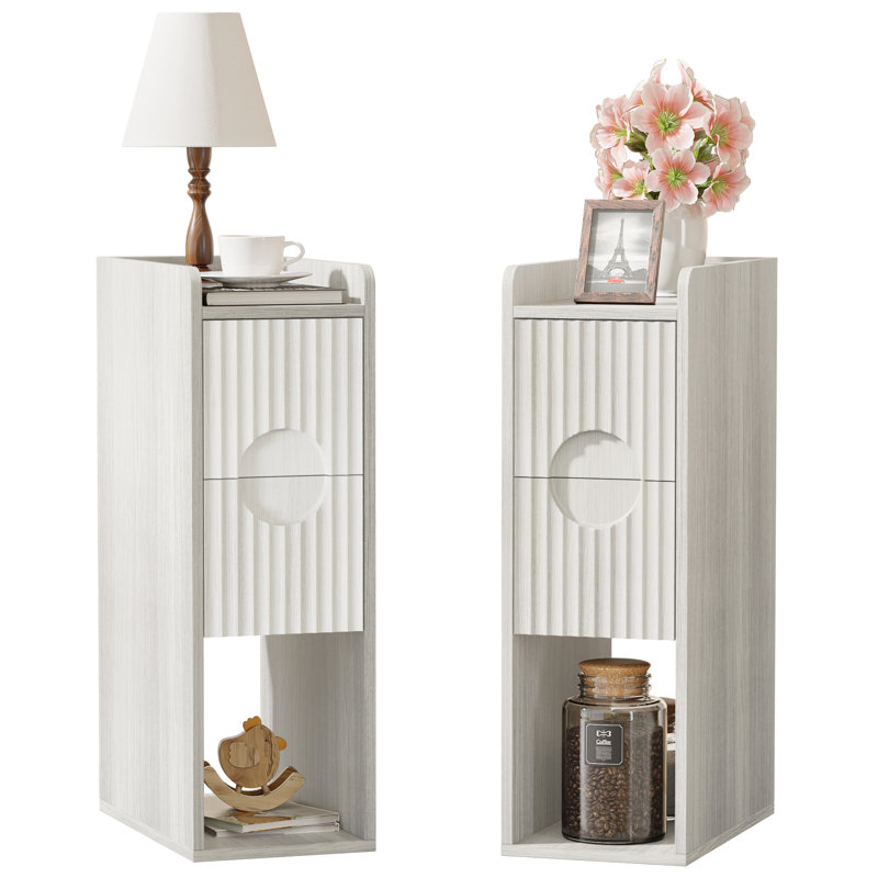 Table de chevet étroite avec 2 tiroirs et rangement ouvert, Chêne blanc