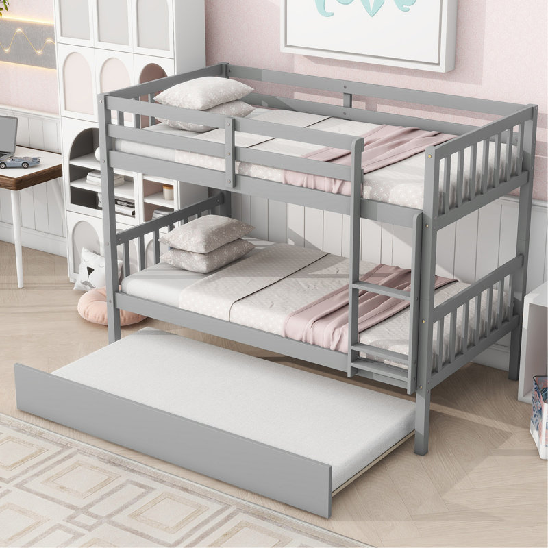 Twin Over Twin Rubber Wood Bunk Bed With Trundle, Convertible Into Twin Size Beds, Twin Size Bunk Bed With Ladder And Safety Guardrails,Grey