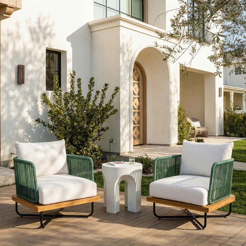 Dominic Outdoor Acacia Wood Rope Woven Club Chairs, Green, Cream