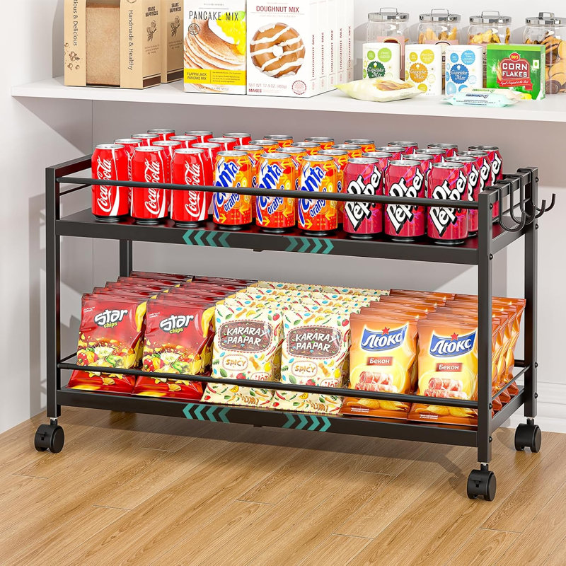 Chariot-garde-manger sur roulettes extensible à 2 niveaux avec roues, organisateur de plancher réglable, noir