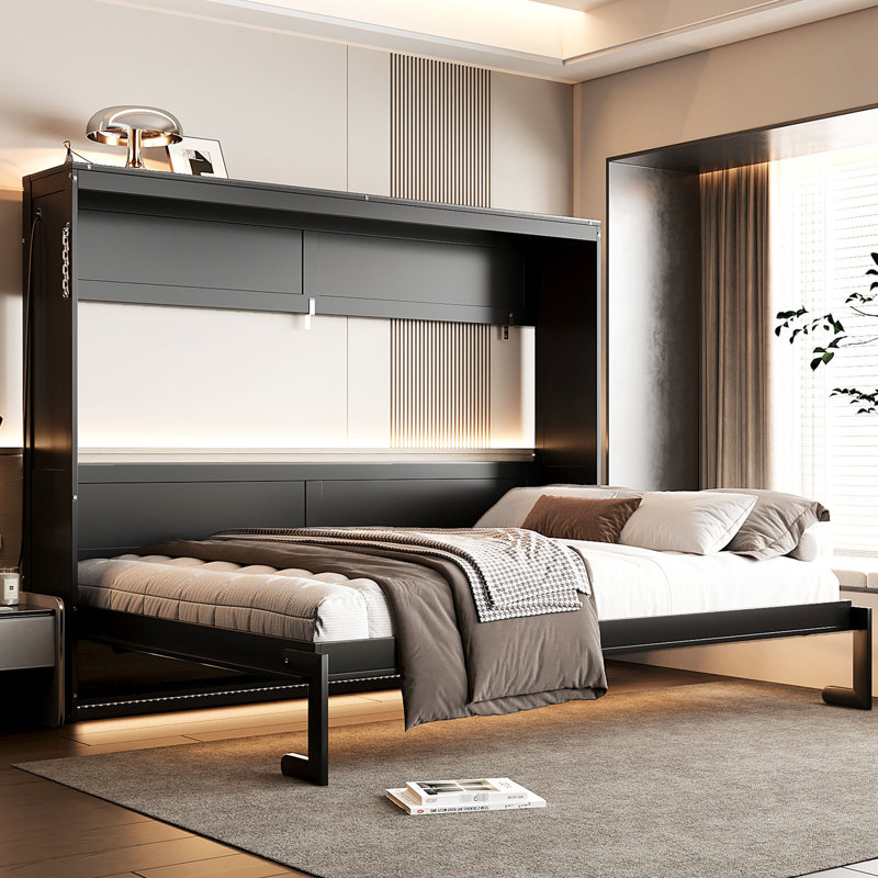 Grand lit avec imprimé, éclairage à DEL et encastré, design moderne grand noir espace, dessous,