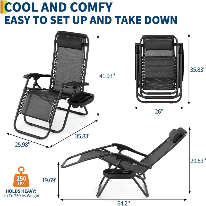Backyard Lounge Chairs Set of 2, Heavy Duty Adjustable Reclining Patio Chairs with Pillow & Cup Holder, Folding Outdoor Chairs for Pool, Beach, Backyard, Camping,Lawn Black