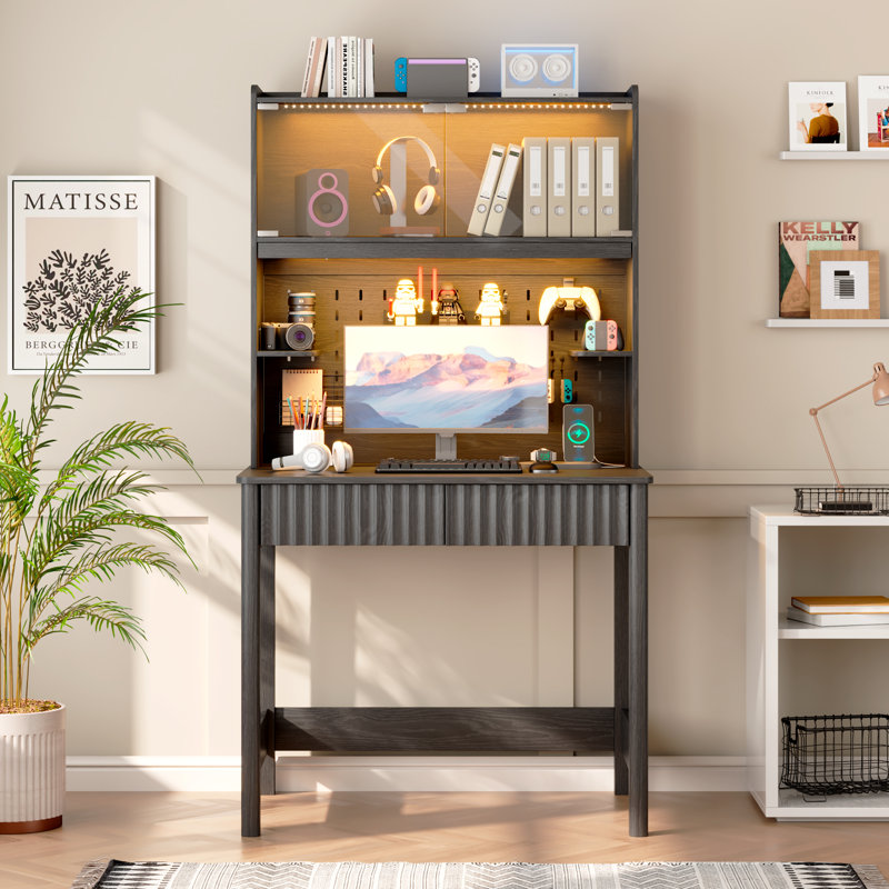 Bureau d'ordinateur H 66 po avec lumière DEL et prise de courant, bureau robuste avec lampe de bureau, Noir