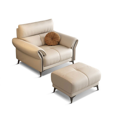 Chaise avec accoudoirs coussinée en cuir véritable beige avec repose-pieds