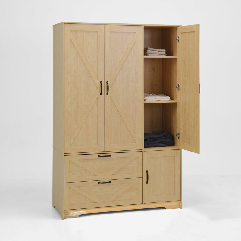 Armoire 4 portes avec miroir, armoire à DEL avec portes et 2 tiroirs, armoire de rangement en bois avec tringle, tablettes réglables, naturel