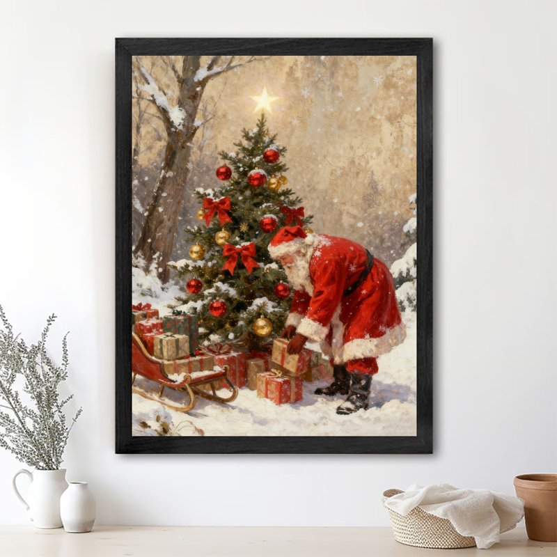 Père Noël noir encadré noir décorant un arbre de Noël, impressions murales de style rétro, H 17 po x l 13 po