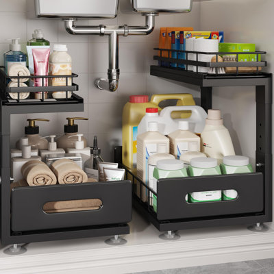 Under Sink Organizer Upgrade To Professional Rails, 2-Tier Dual Pull Out Cabinet Storage, Height Adjustable Slide Out Drawers For Bathroom Kitchen, 2 Pack, (Black)