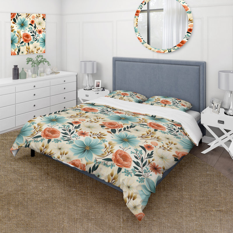 Ensemble de housse de couette floral bleu et corail Playful Flower Enchantment