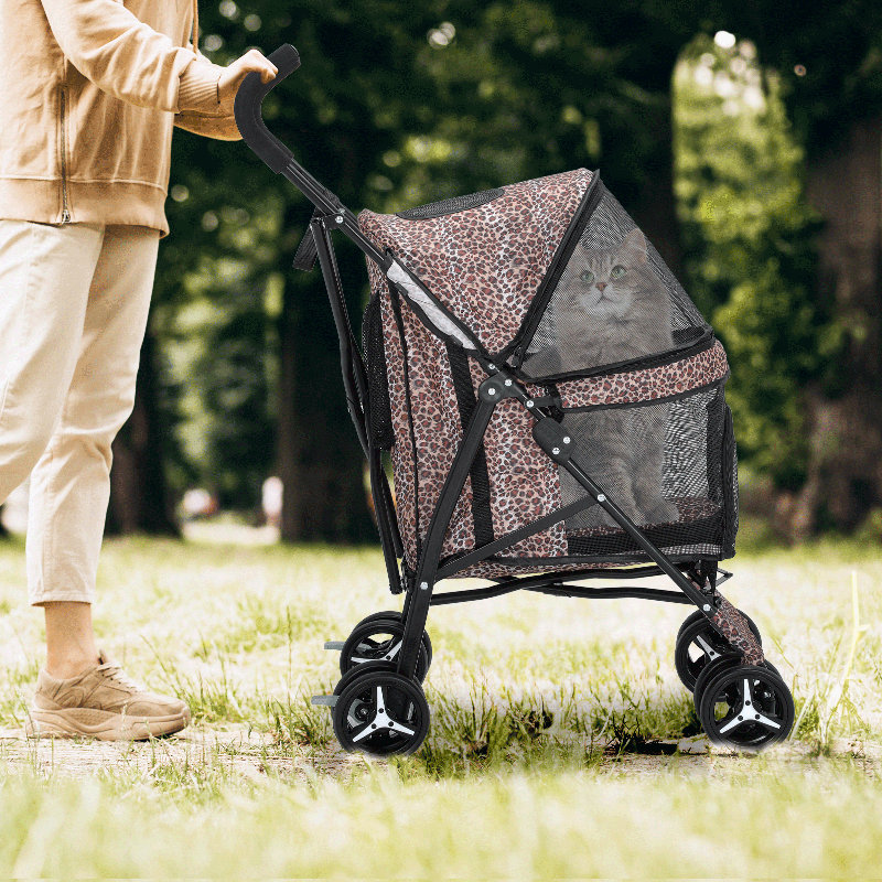 Leopard Print Steel Frame Dog Stroller with Mesh Windows