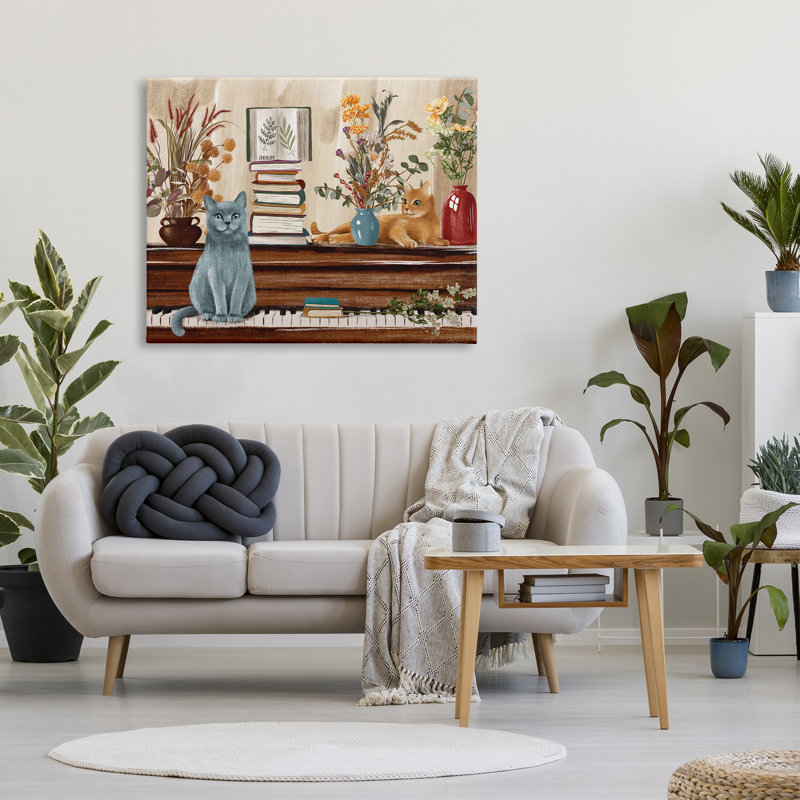 "Chats et livres sur piano sur toile" par Raquel Maciel, H 36 po x l 48 po x P 1,5 po
