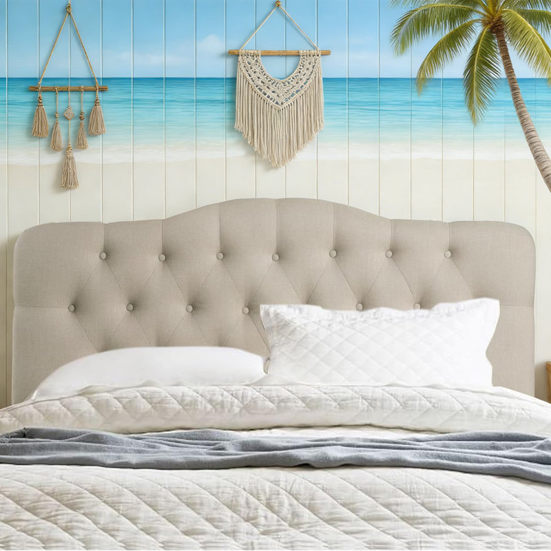 Upholstered Headboard, Solid Wood Head Board with Wood Legs,  Fabric Headboard in Modern Design, Beige, King