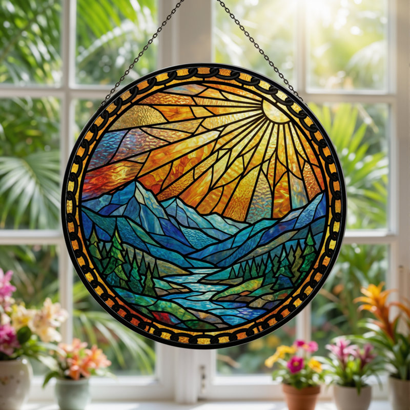 Panneau de vitrail 12 "H Sunset Mountains, 12" H x 12" W