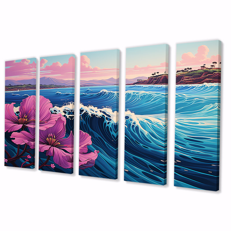 Bleu et mauve attrapant des vagues au Japon - Japon, art mural 5 pièces, H 28 po x l 60 po