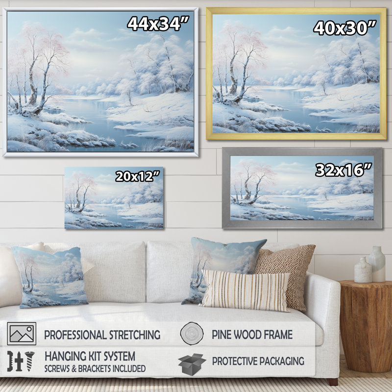 «Snow Winter Charm By The Lake», reproduction sur toile, Cadre flottant doré, H 12 po x l 20 po x P 1 po