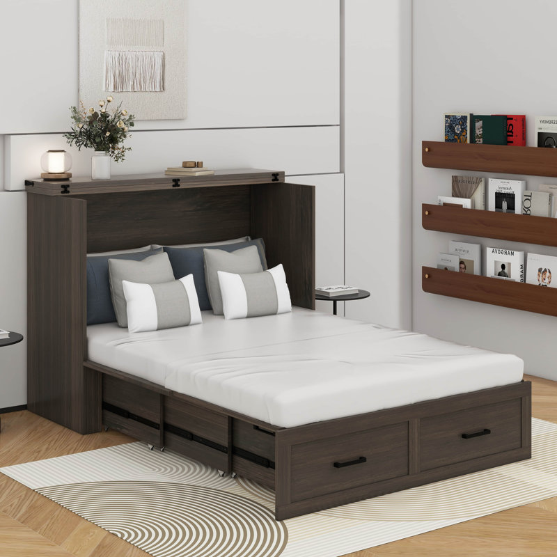Lit escamotable double avec station de charge, Gris rustique