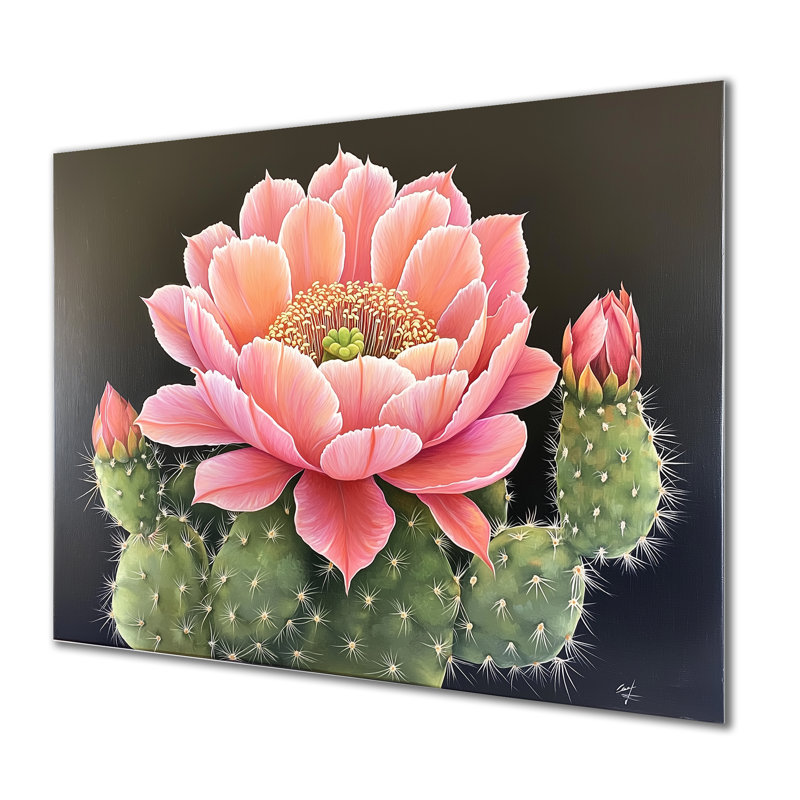 Fleur de cactus rose dans le désert de Mojave - décoration murale en métal floral, H 12 po x l 20 po x P 0,84 po