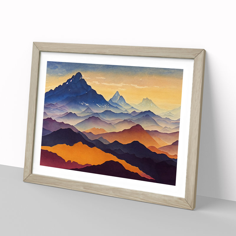 Watercolour Mountain Landscape Vol.1 - Single Picture Frame Painting, 46cm H x 64cm W x 2cm D, Oak
