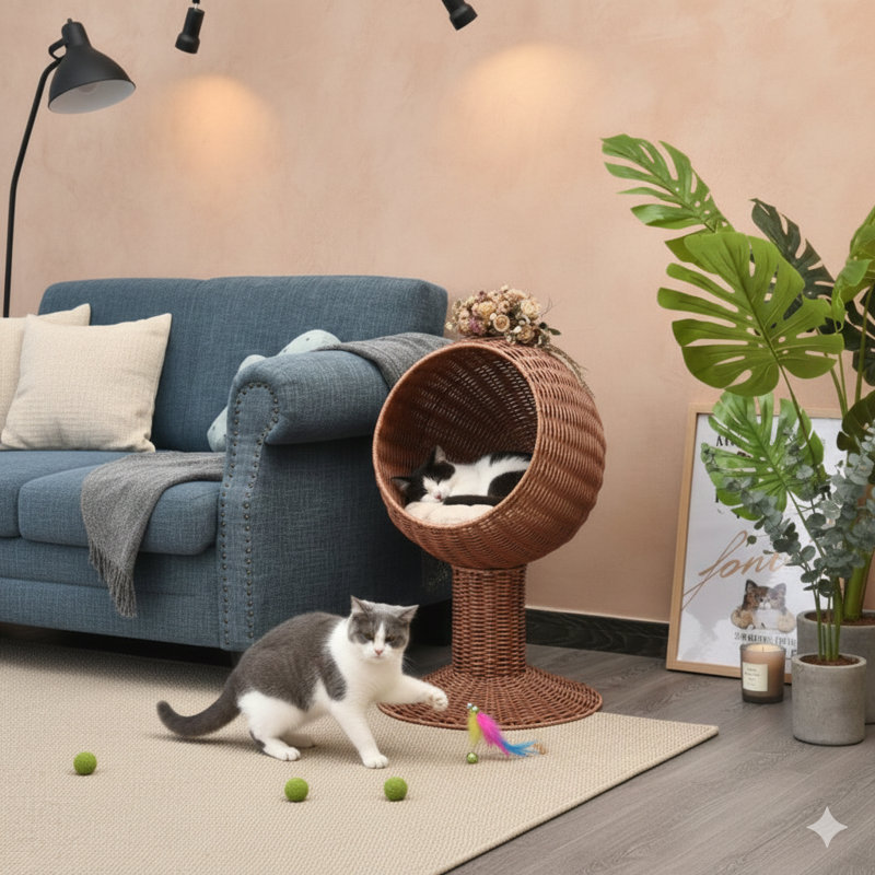 Lit surélevé surélevé conçu comme une gousse rotative en forme d'œuf. Comprend un coussin épais pour plus de confort. Fabriqué en gazon naturel tressé ressemblant à une petite maison. Finition en brun.