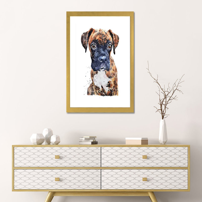 « Boxer Puppy PUP » par Edwatercolours-impression, H 24 po x l 16 po x P 1 po, Papier encadré doré, Blanc