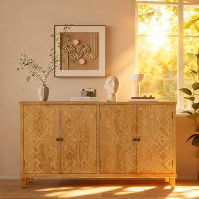 59" Brown Accent Cabinet With Carved 4 Doors, Natural Wood Buffet Sideboard, Media & Console Cabinet For Entryway, Living Room, Bedroom, Dining Room