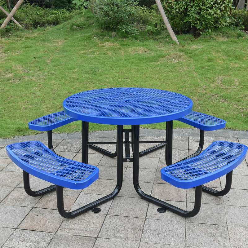 Table de pique-nique ronde en acier 46 po avec mât de parasol, Bleu