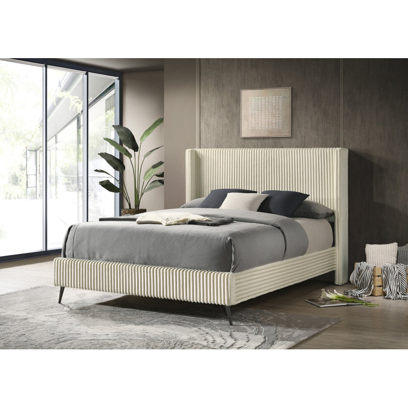 Corduroy Upholstery Panel Bed, Beige, Queen