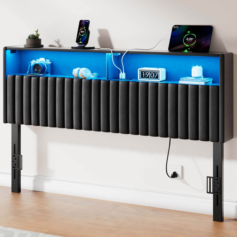 Berte Storage Upholstered Headboard With RGB LED Lights & Charging Station, Twin, Pink Velvet